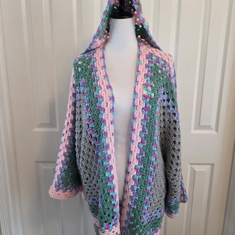 Handmade Crochet Hooded Cardigan Boho Granny Sq Oversized Chunky Knit Festival - Picture 3 of 13